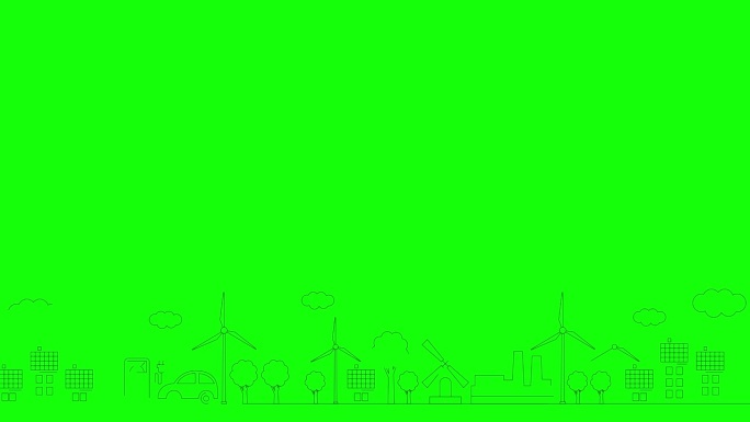 绿色能源城市的动画线性黑色图标。绘制线条符号。可持续发展、环保、可再生能源、绿色科技的理念。插图孤立