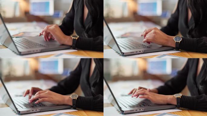 办公室里女人的手，在笔记本电脑上打字，为数字机构的项目规划在线研究。互联网，网络和网络，商人与文章和