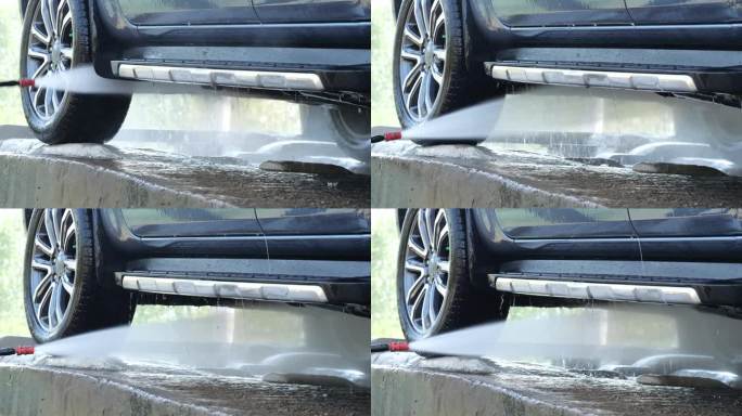 先用高压水冲洗掉粘在车上的污垢，再用泡沫清洗。