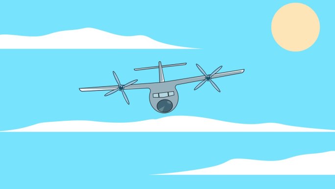 螺旋桨飞机前面看天空动画视频。飞机运动平面设计