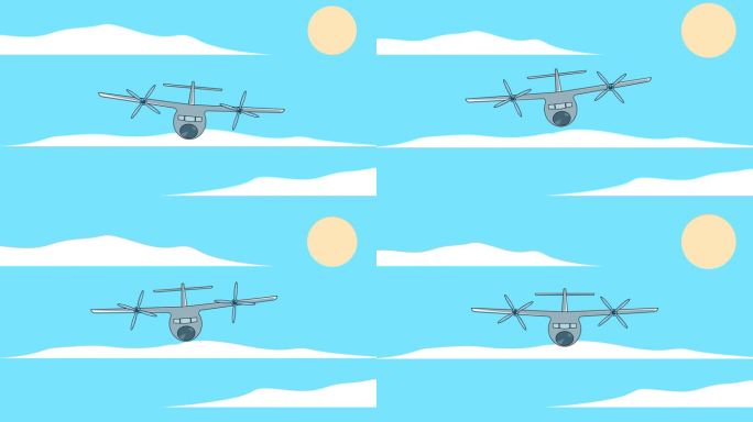 螺旋桨飞机前面看天空动画视频。飞机运动平面设计