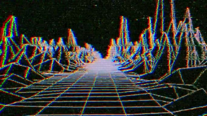 抽象模拟垃圾风格的VHS 80年代复古背景游戏和vj循环动画。逆波地平线景观与霓虹灯和低多边形阴影地