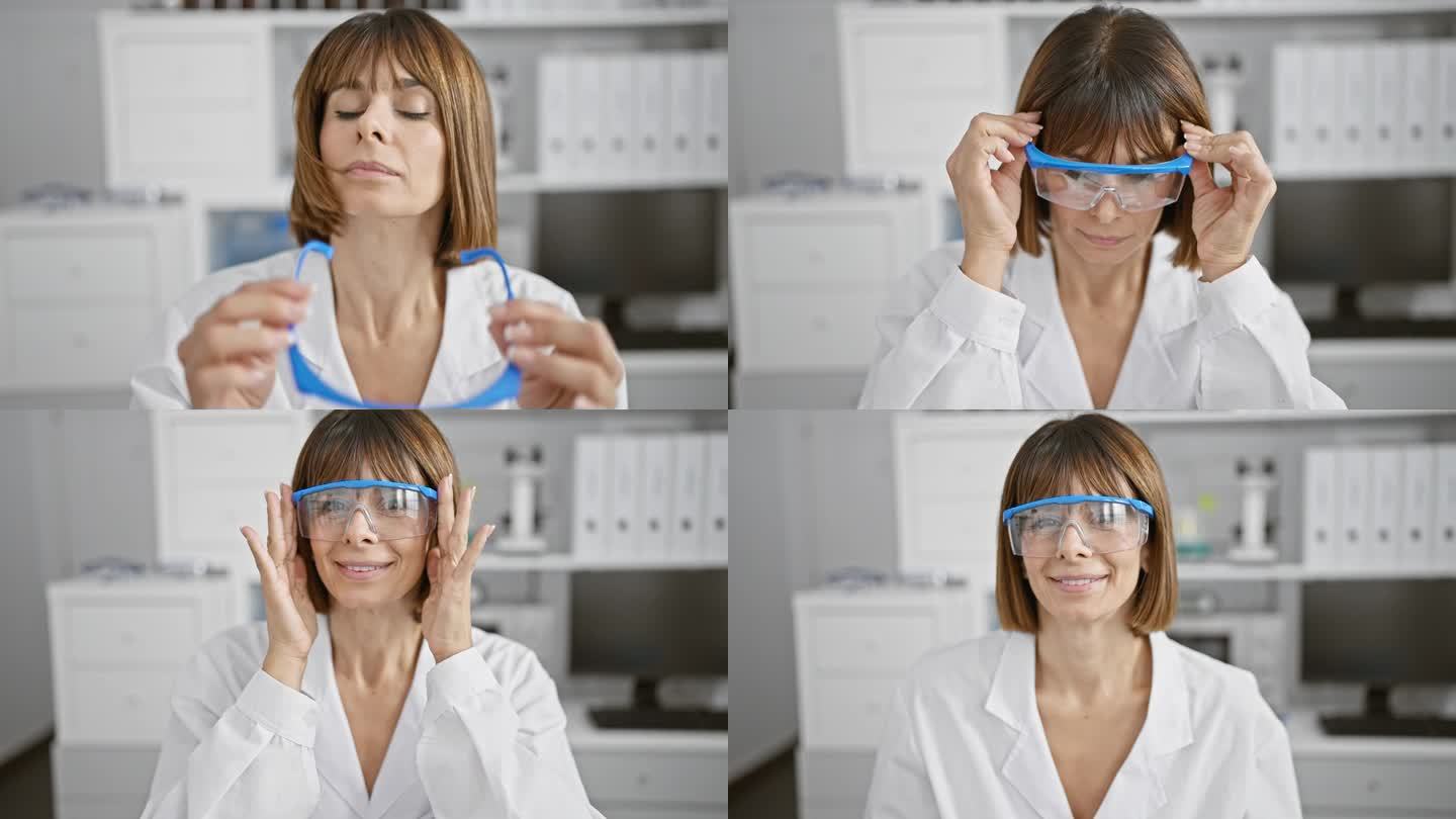 自信的年轻西班牙女科学家坐在实验室里，戴着安全眼镜进行医学研究，脸上洋溢着幸福的笑容。