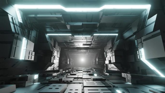 飞入科幻隧道，霓虹灯闪烁，循环运动图形为技术概念，3D渲染。