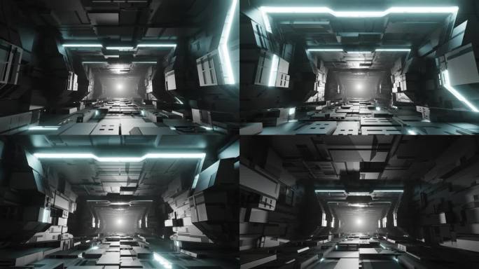 飞入科幻隧道，霓虹灯闪烁，循环运动图形为技术概念，3D渲染。