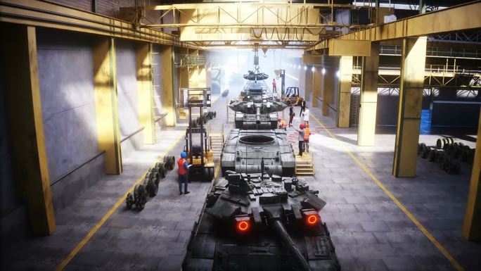 在工厂生产军用俄罗斯主战坦克t90。军用工厂武器。逼真的4k动画。