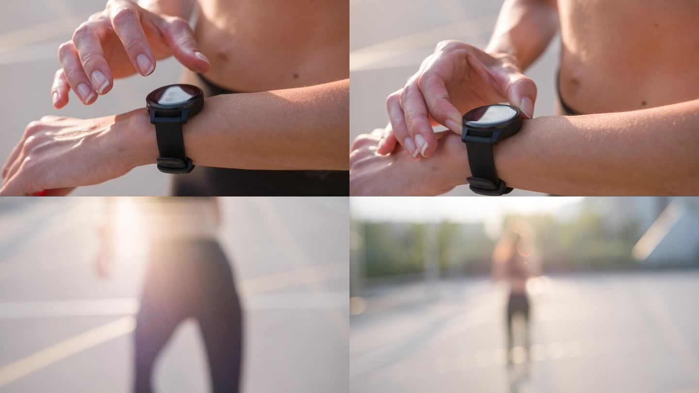 活跃的女性在户外跑步，用智能手表健身应用跟踪进度