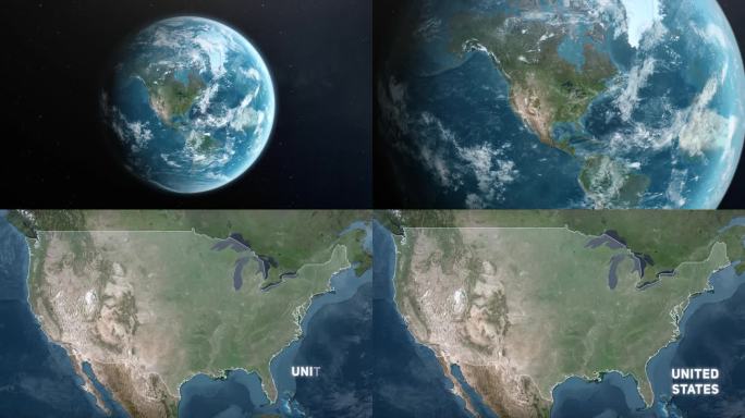 从地球上放大美国。美国的卫星图像。电影世界地图动画从外太空到领土。北美的概念，亮点，全球，鸟瞰，旅游