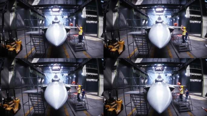 该工厂生产军用战斗机f - 22猛禽。军用工厂武器。逼真的4k动画。