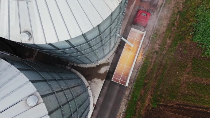 无人机拍摄谷仓装满拖车卡车与粮食在农场