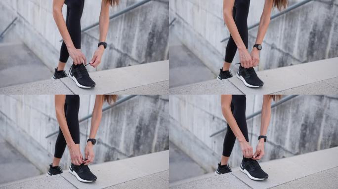 年轻的健身女性在运动鞋上系鞋带，准备跑步