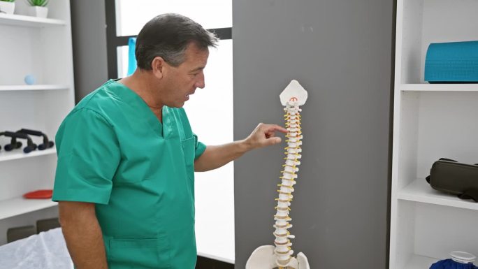 成熟的男人在磨砂检查脊柱模型在诊所内部，揭示医疗保健专业设置。
