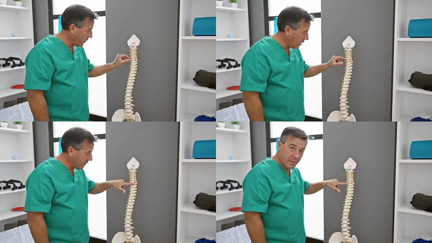 成熟的男人在磨砂检查脊柱模型在诊所内部，揭示医疗保健专业设置。