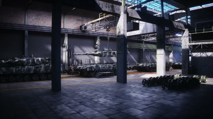在工厂生产军用德国战坦克豹。军用工厂武器。逼真的4k动画。