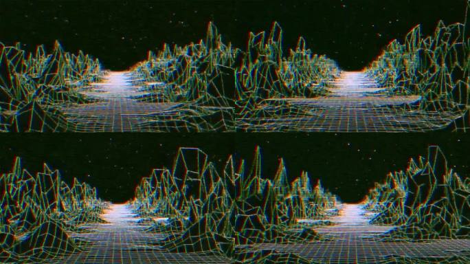 抽象模拟垃圾风格的VHS 80年代复古背景游戏和vj循环动画。逆波地平线景观与霓虹灯和低多边形阴影地