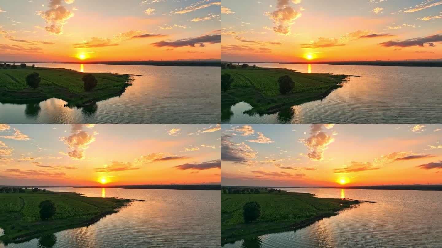 河流落日空镜头风景航拍