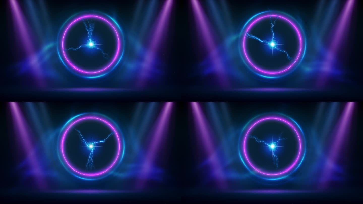 粉红色，蓝色，紫色动画聚光灯背景。舞台用粉蓝色圆形灯光、球状闪电。明亮的荧光环，黑暗的背景。发光的圆