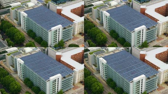 可持续电力生产融入城市基础设施。停车场上方的光伏太阳能板可产生可再生能源