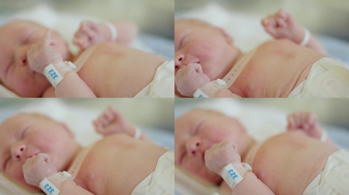 MS新生儿的纯真:一个新生儿的小手休息在医院婴儿床在产科病房