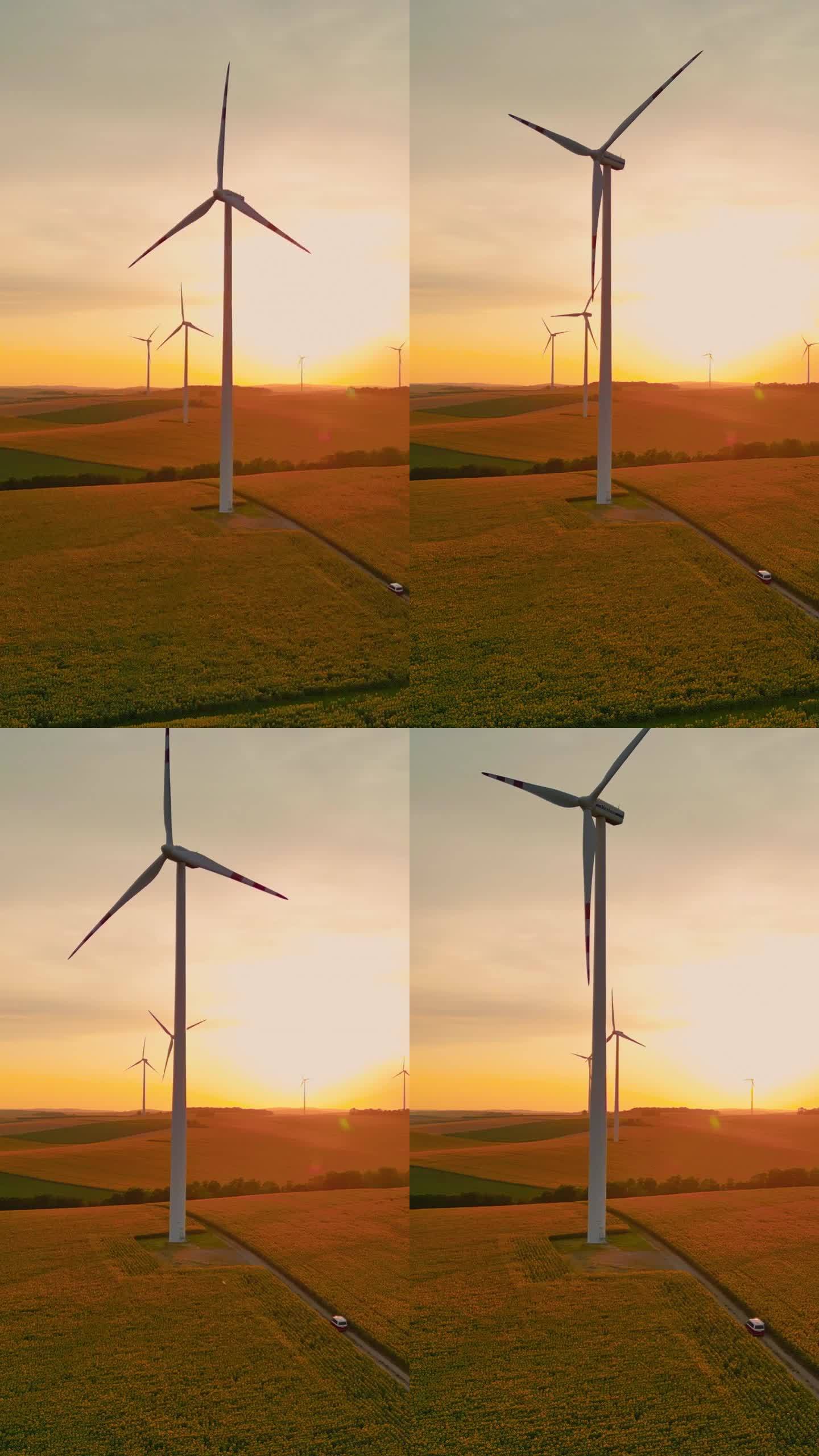 空中走向明天:日落无人机镜头的风力涡轮机，领域，并走向可持续能源的旅程