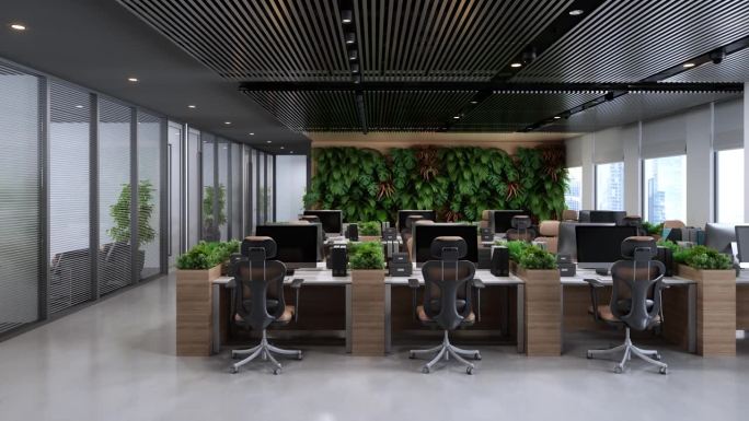 生态友好的现代开放式办公室内部配有桌子，办公椅，会议室和垂直花园