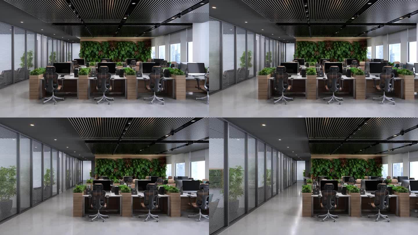 生态友好的现代开放式办公室内部配有桌子，办公椅，会议室和垂直花园