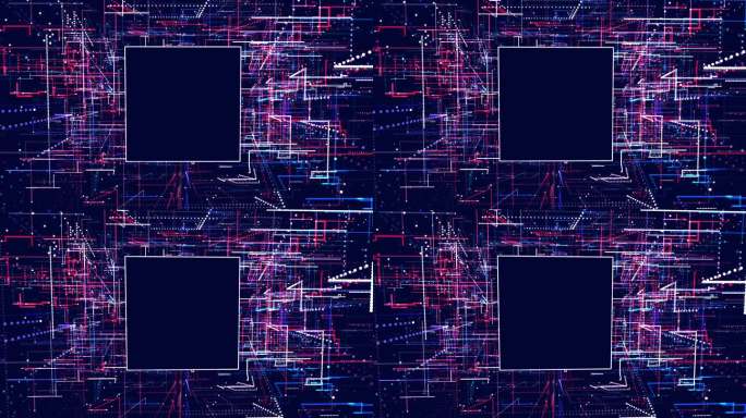 全息蓝红结构，发光线的三维结构。摘要三维网格是一种高科技的信息环路。科幻未来背景。科技霓虹灯。信息字