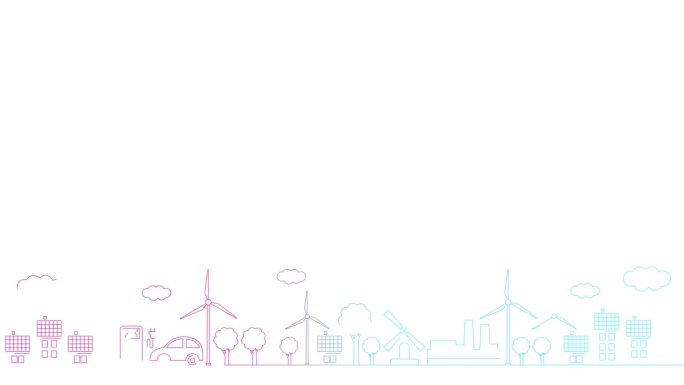 绿色能源城市的动画线性粉蓝色图标。绘制线条符号。可持续发展、环保、可再生能源、绿色科技的理念。插图孤