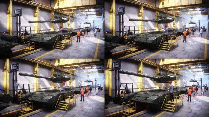 在工厂生产军用俄罗斯主战坦克t90。军用工厂武器。逼真的4k动画。