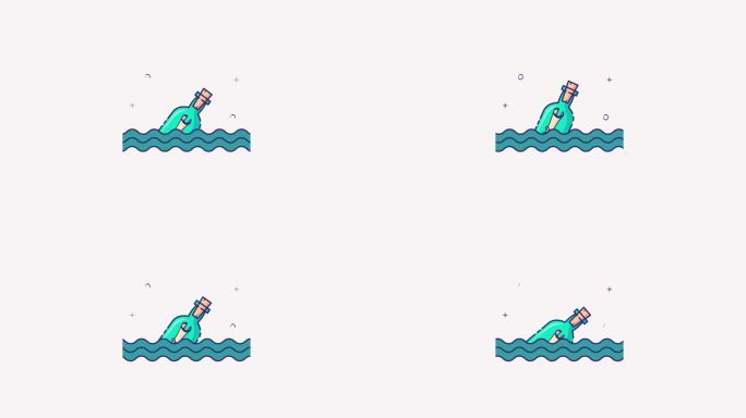 漂浮在水中的瓶子中的信息动画视频，玻璃罐和信在海洋卡通剪贴画动画图形设计