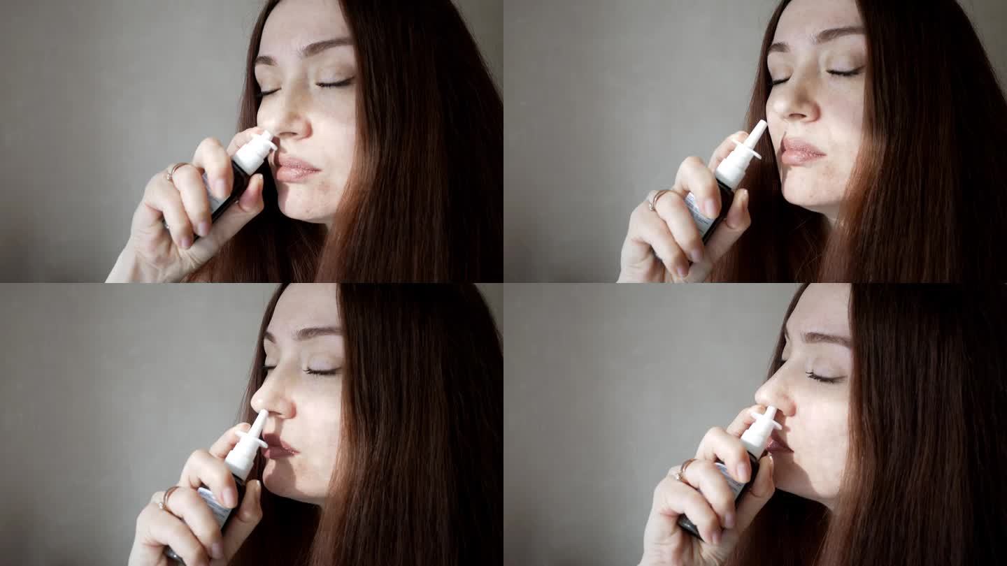 肖像特写:一位女士在过敏和喷鼻喷雾剂时感到鼻塞。肖像病妇女使用鼻喷雾剂治疗呼吸道疾病。保健和治疗概念