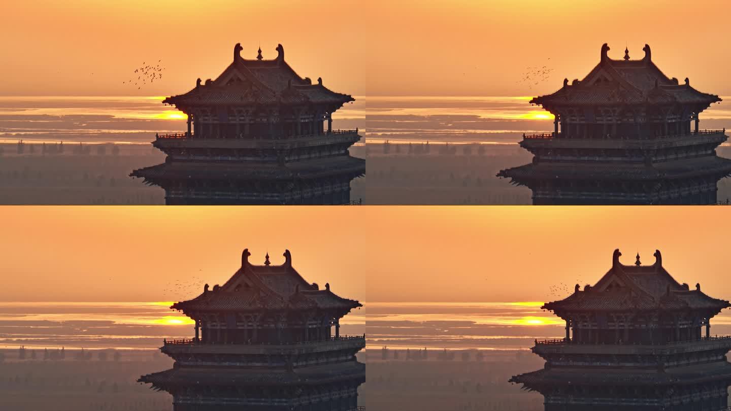 山西运城鹳鹊楼航拍空镜头