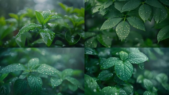 雨天特写植物，水珠雨水