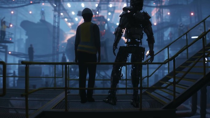 在工厂生产军用未来船。人类和机器人的未来概念。逼真的4k动画。