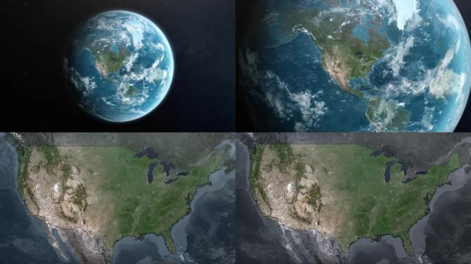 从地球上放大美国。美国的卫星图像。电影世界地图动画从外太空到领土。北美的概念，亮点，全球，鸟瞰，旅游
