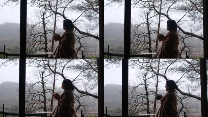 秋春的一个雨天，一个女人在山间的乡间别墅里独自喝着一杯咖啡。