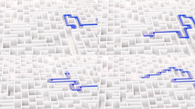 3d渲染:概念-解决一个复杂的问题。白色迷宫和地板与动画蓝色的解决方案路径与箭头通过迷宫移动