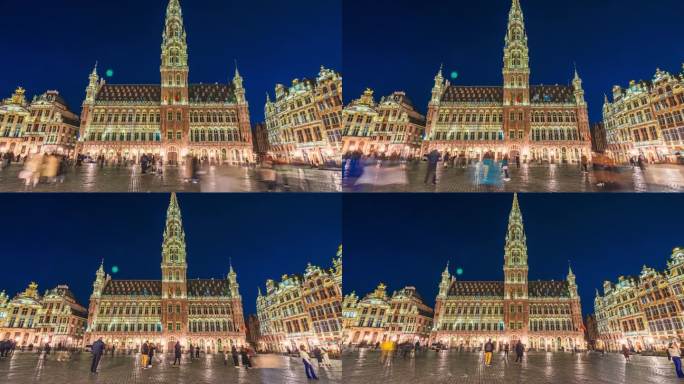 4K镜头延时拍摄的布鲁塞尔大广场或格罗特市场是黄昏时分布鲁塞尔的中心广场，游客拥挤，比利时。欧洲