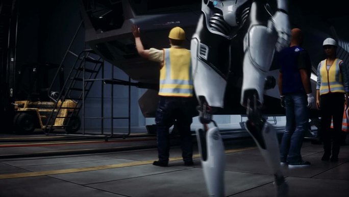 机器人行走。在工厂生产军用未来船。未来的概念。逼真的4k动画。