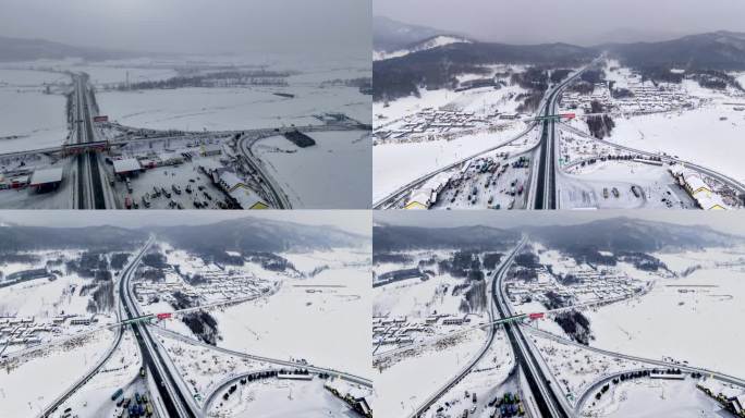 延时航拍东北高速服务区车流雪景