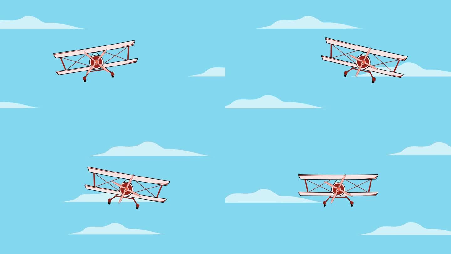 螺旋桨飞机在天空动画视频。飞机运动平面设计