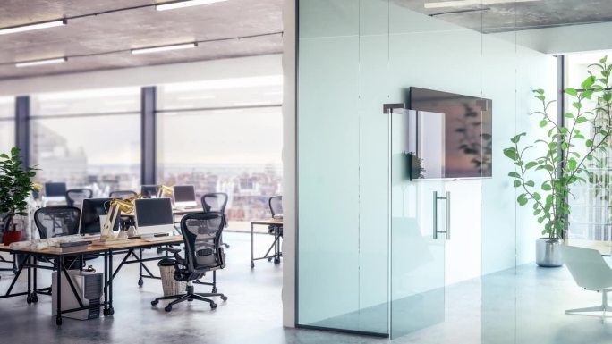 带会议室的开放式办公室的布置-可循环的3D可视化