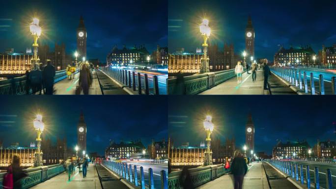 英国，英国，英国，欧洲，黄昏时分，在大本钟、议会大厦和伦敦威斯敏斯特桥上行走和观光的人群行人和游客的