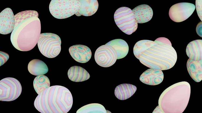 彩色复活节彩蛋与alpha通道覆盖无缝循环3D渲染。各种彩蛋图案，复活节快乐。耶稣受难的日子