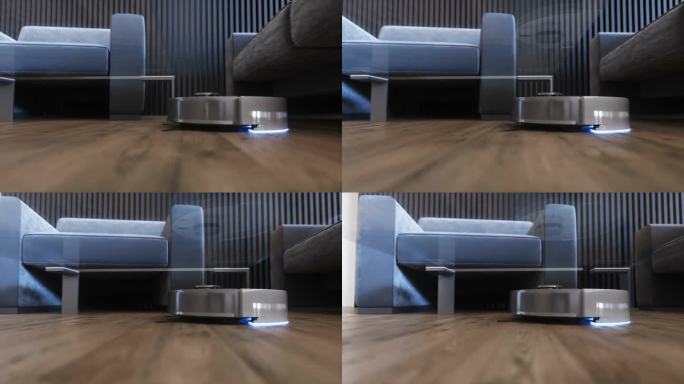 吸尘器机器人可自动清洁家用、地板。逼真的4k动画。
