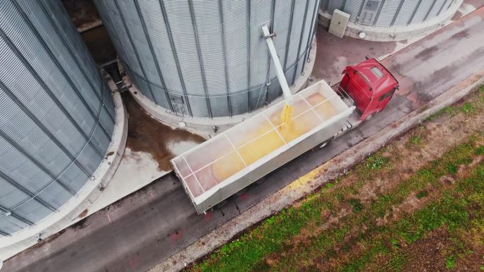 无人机拍摄谷仓装满拖车卡车与粮食在农场
