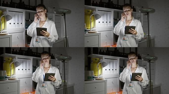 一个穿着实验室大褂的专注的女人在实验室环境中拿着平板电脑和手机进行多项任务，体现了专业精神。