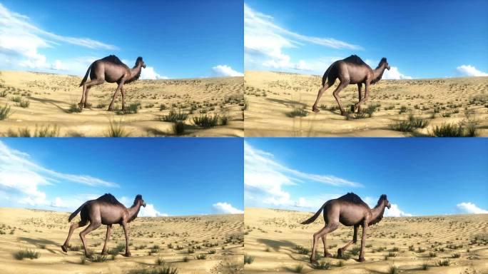 骆驼在沙漠中行走。逼真的4k动画。