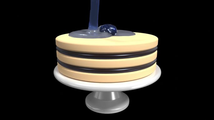 蛋糕与蓝莓果酱动画。3D蓝莓蛋糕。蛋糕上有蓝莓汁滴。甜圆蛋糕。透明背景与alpha通道