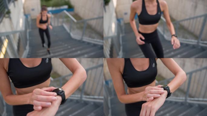 慢跑的女性跑上楼梯，用智能手表检查脉搏